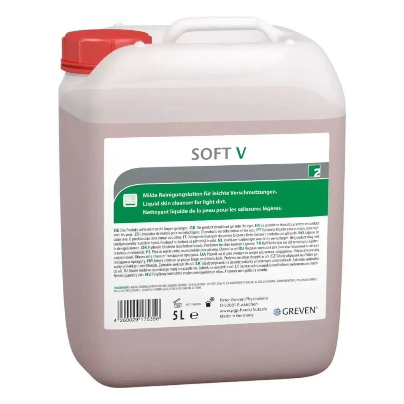 Ein 5-liter weißer plastikkanister soft v von peter greven mit rotemverschluss und hellrosa milder hautreinigungslotion