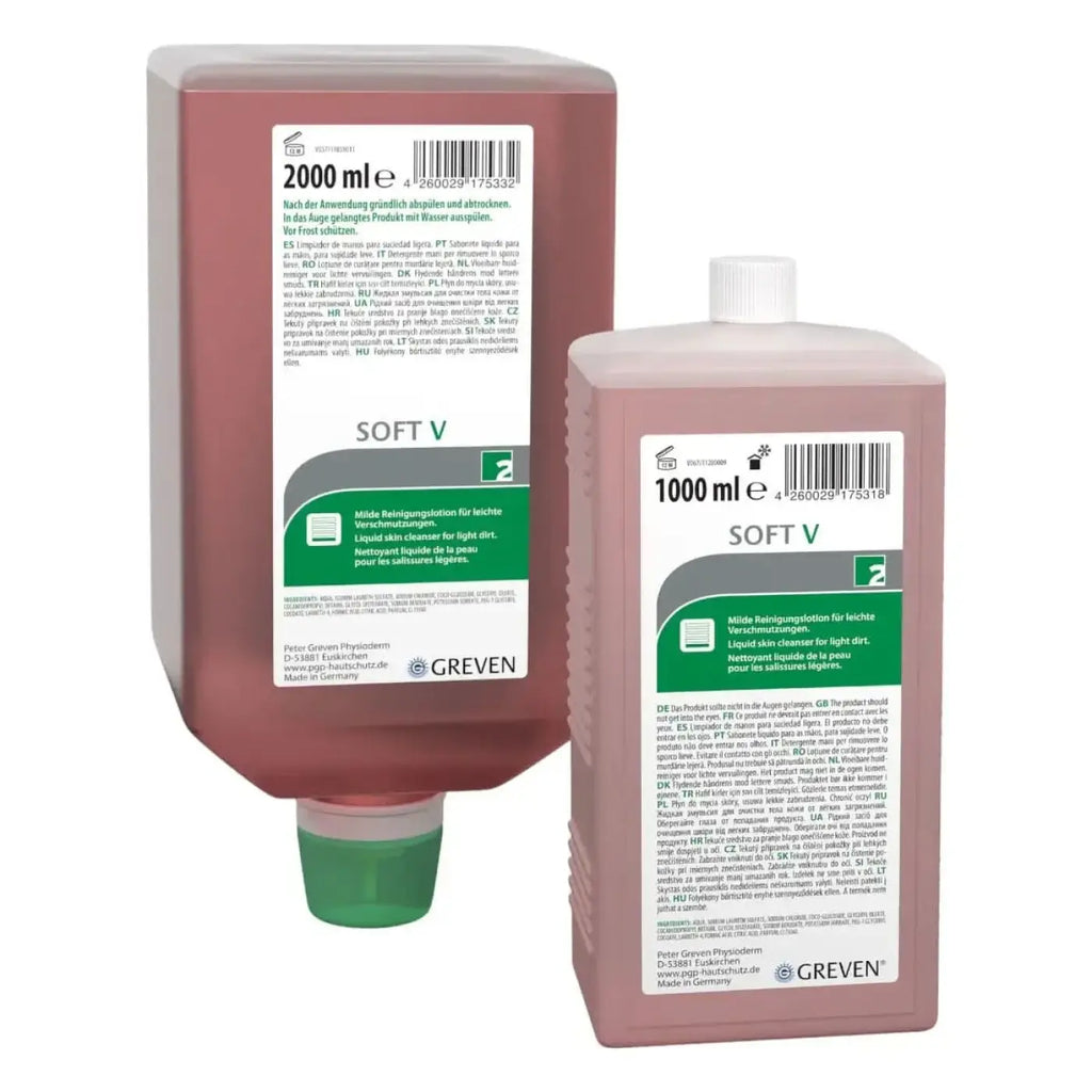 Zwei matte rosarote kunststoffflaschen peter greven soft v milde hautreinigungslotion 2000 ml und 1000 ml