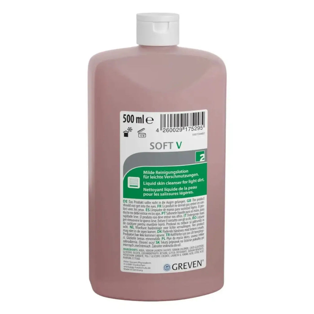 Rosa plastikflasche mit weißem deckel und etikett von greven soft v für milde hautreinigung