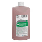 Rosa plastikflasche mit weißem deckel und etikett von greven soft v für milde hautreinigung