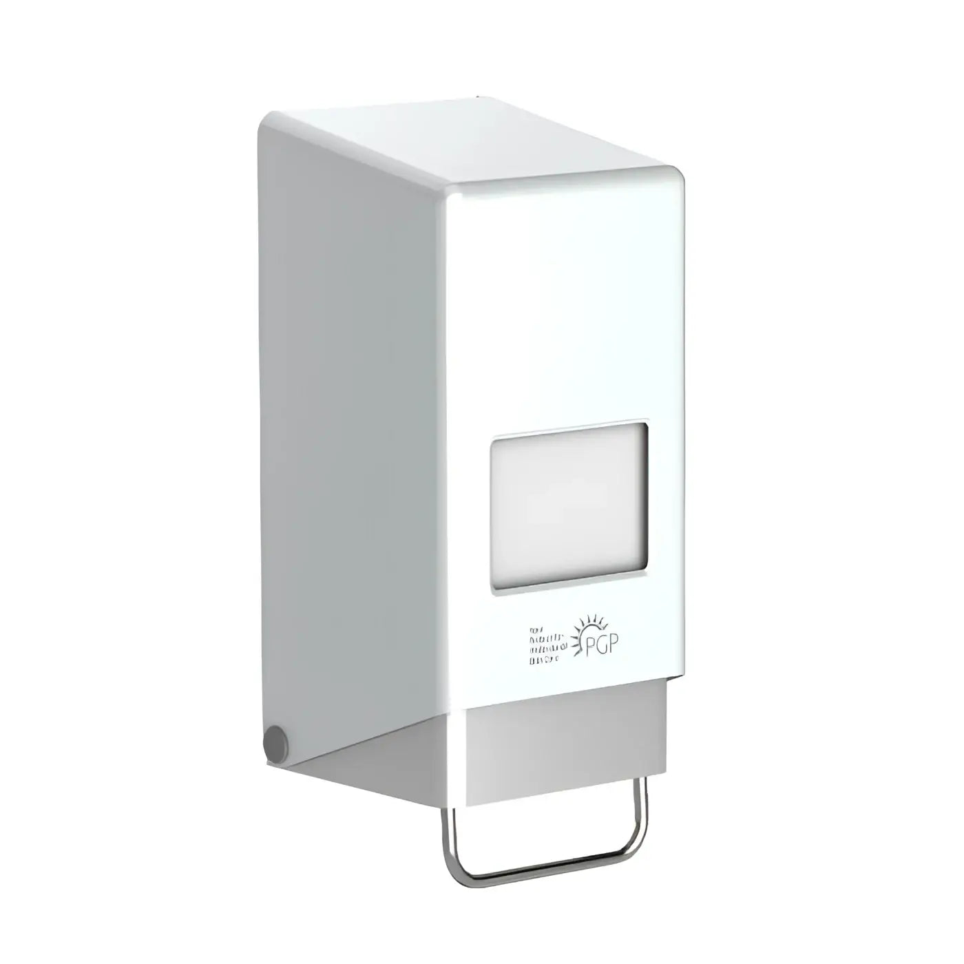 Weißer rechteckiger wandseifenspender aus metall mit klarem fenster und metallgriff für peter greven variomat m