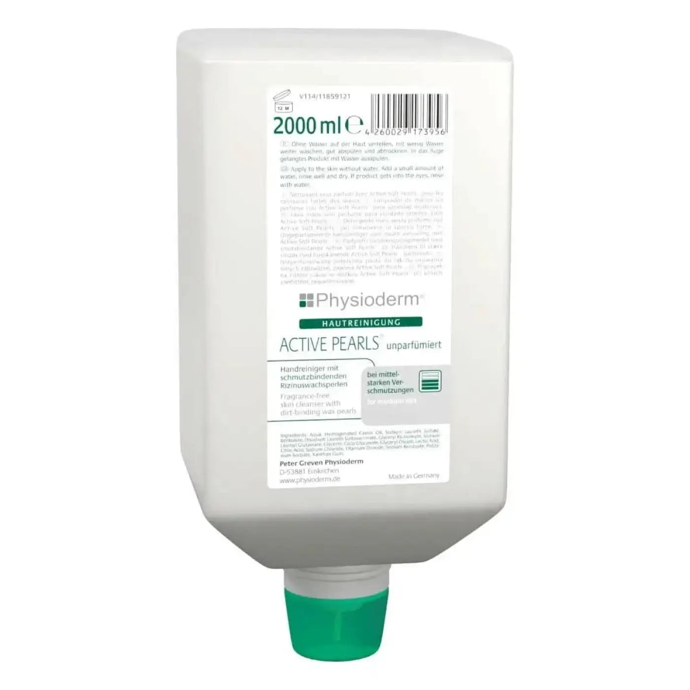 Weiße plastikflasche mit grünem deckel physioderm active pearls handreiniger unparfümiert 2000 ml varioflasche