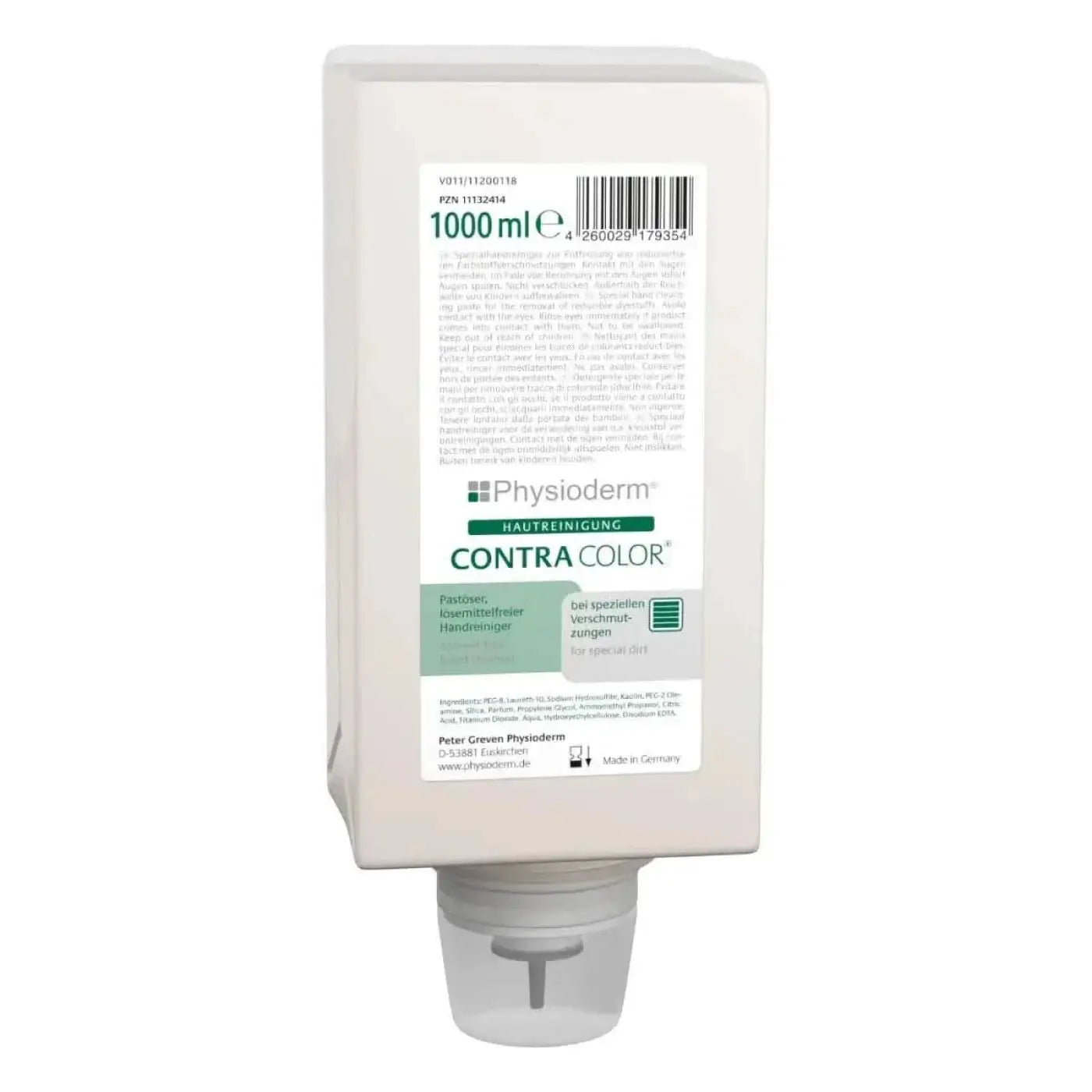 Weiße kunststoffspenderflasche mit grauem pumpmechanismus physioderm contra color spezialhandreiniger 1 l zum reinigen der haut