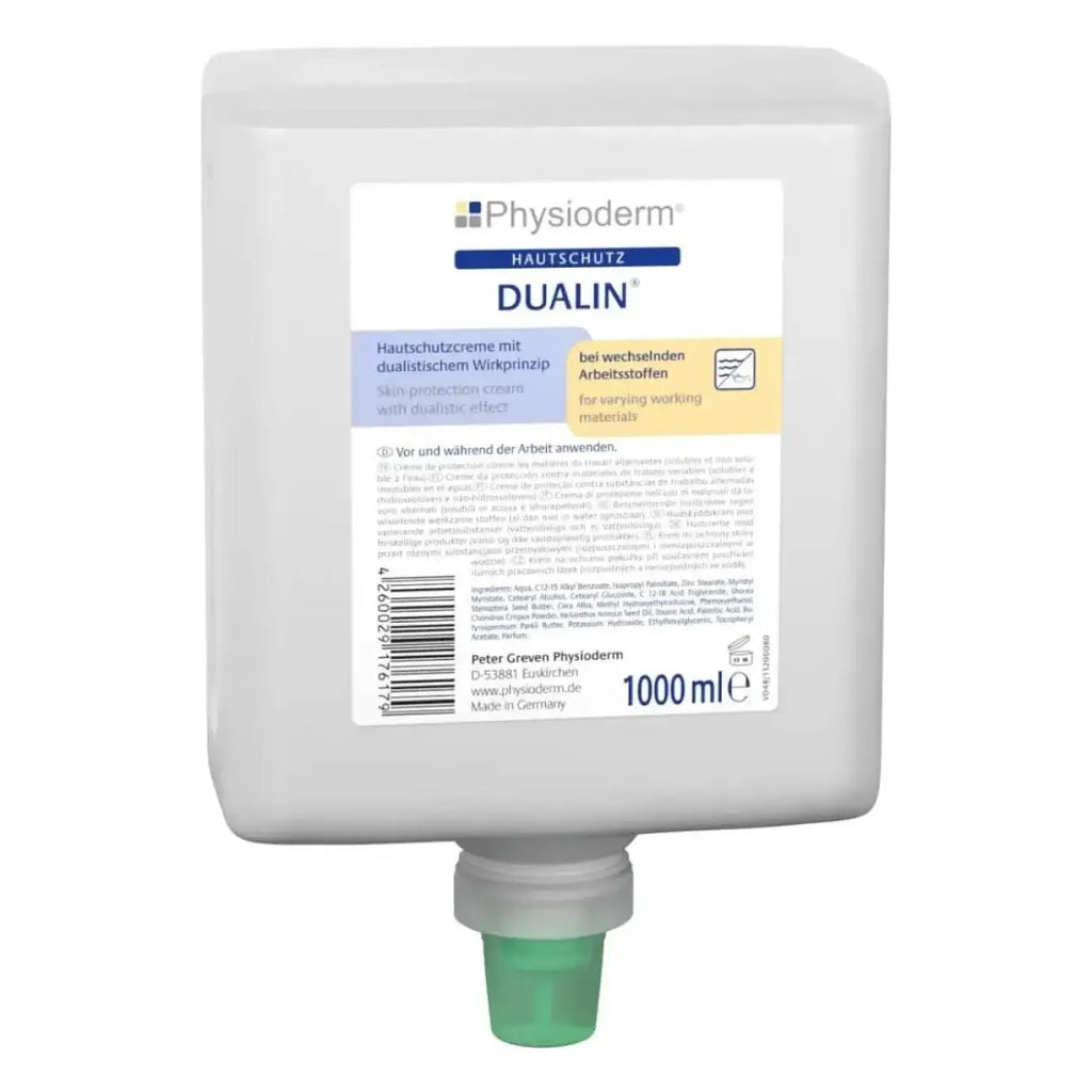 Weiße plastikspenderflasche mit grünem pumpkopf physioderm dualin hautschutzcreme 1000 ml