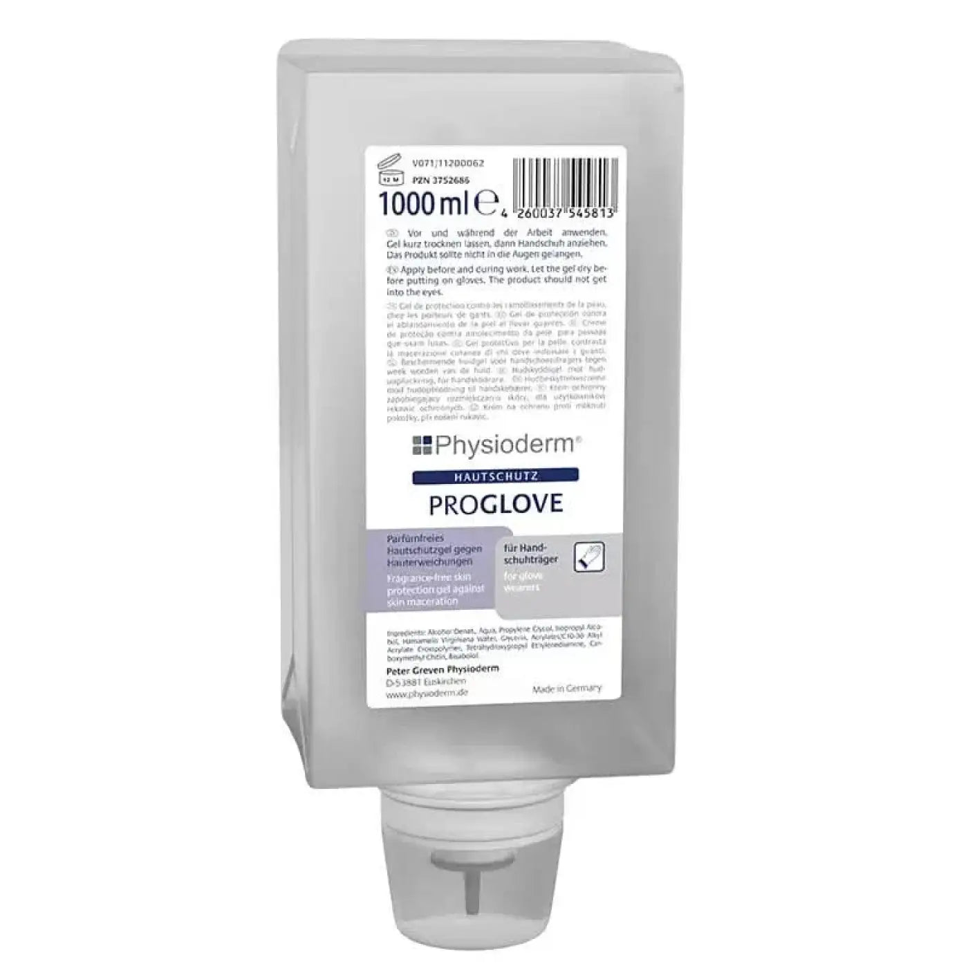 Graue plastikspenderflasche physioderm proglove hautschutzgel mit weißem etikett und schwarzem text zum handschutz