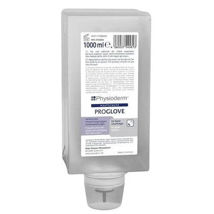 Graue plastikspenderflasche physioderm proglove hautschutzgel mit weißem etikett und schwarzem text zum handschutz
