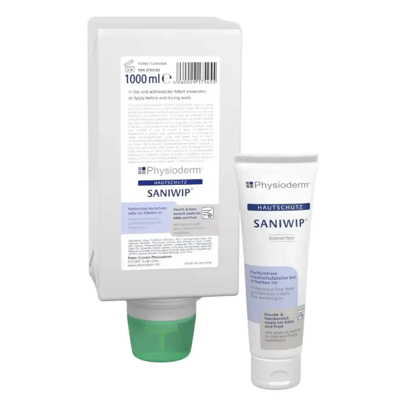 Weiße plastikflasche mit grünem deckel und weißer tube mit beschriftung physioderm saniwip handschutzcreme