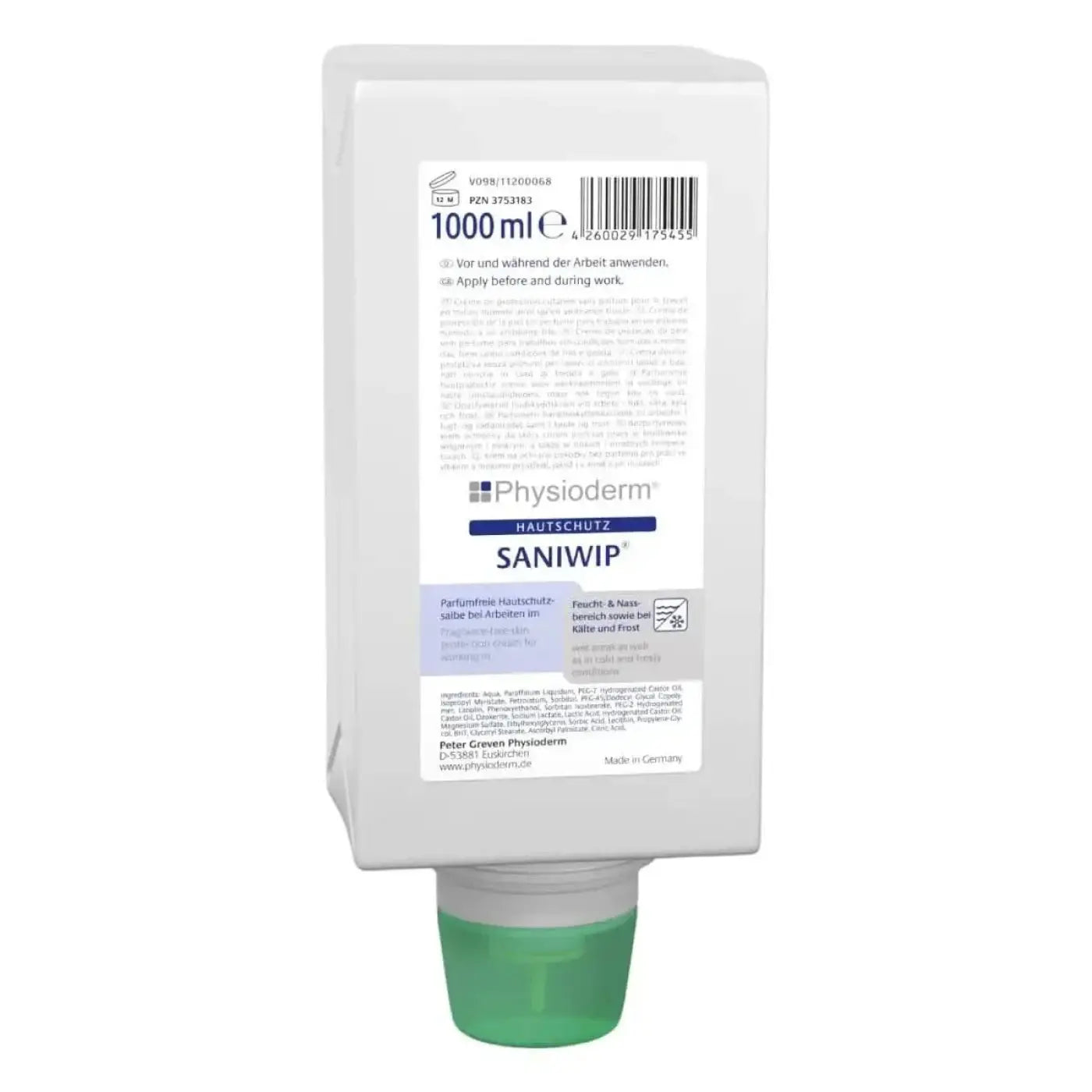 Weißes plastik wandmontierter handdesinfektionsmittelspender mit grünem pumpkopf und beschriftung physioderm saniwip 1000 ml