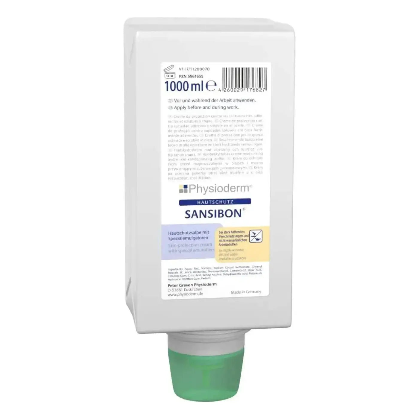 Weiße plastikflasche mit grünem verschluss und etikett physioderm sansibon 1000 ml hautschutzcreme
