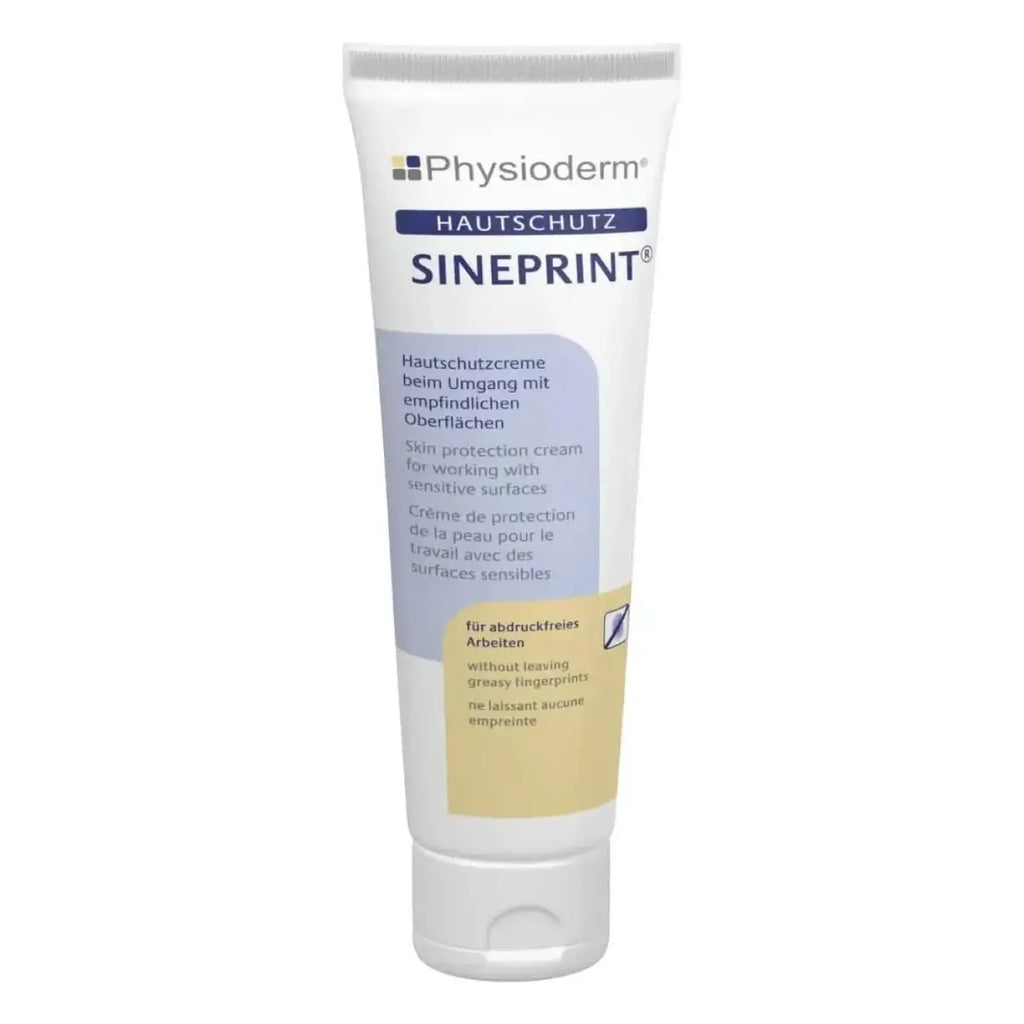 Physioderm sineprint hautschutzcreme in weißer tube mit blau-beiger etikettierung für hautschutz