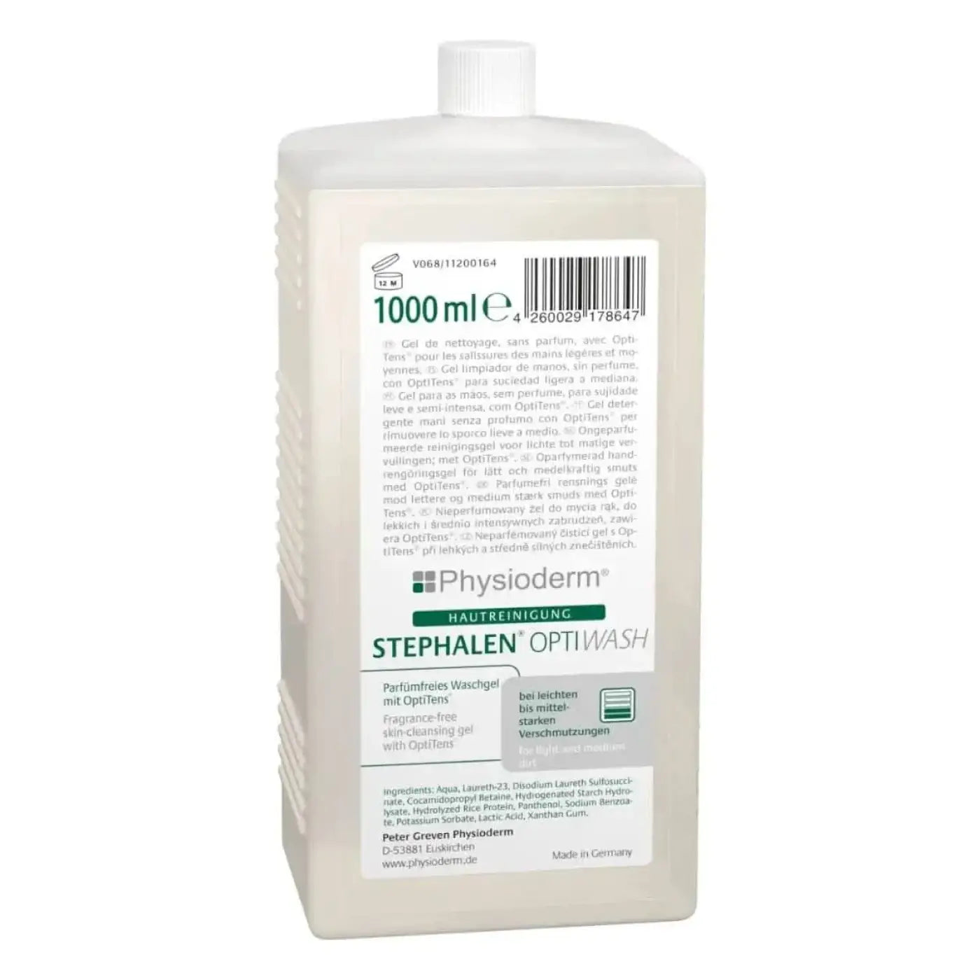 Ein durchscheinend weißer plastikflasche physioderm stephalen optiwash duftfreies reinigungsgel mit optitens