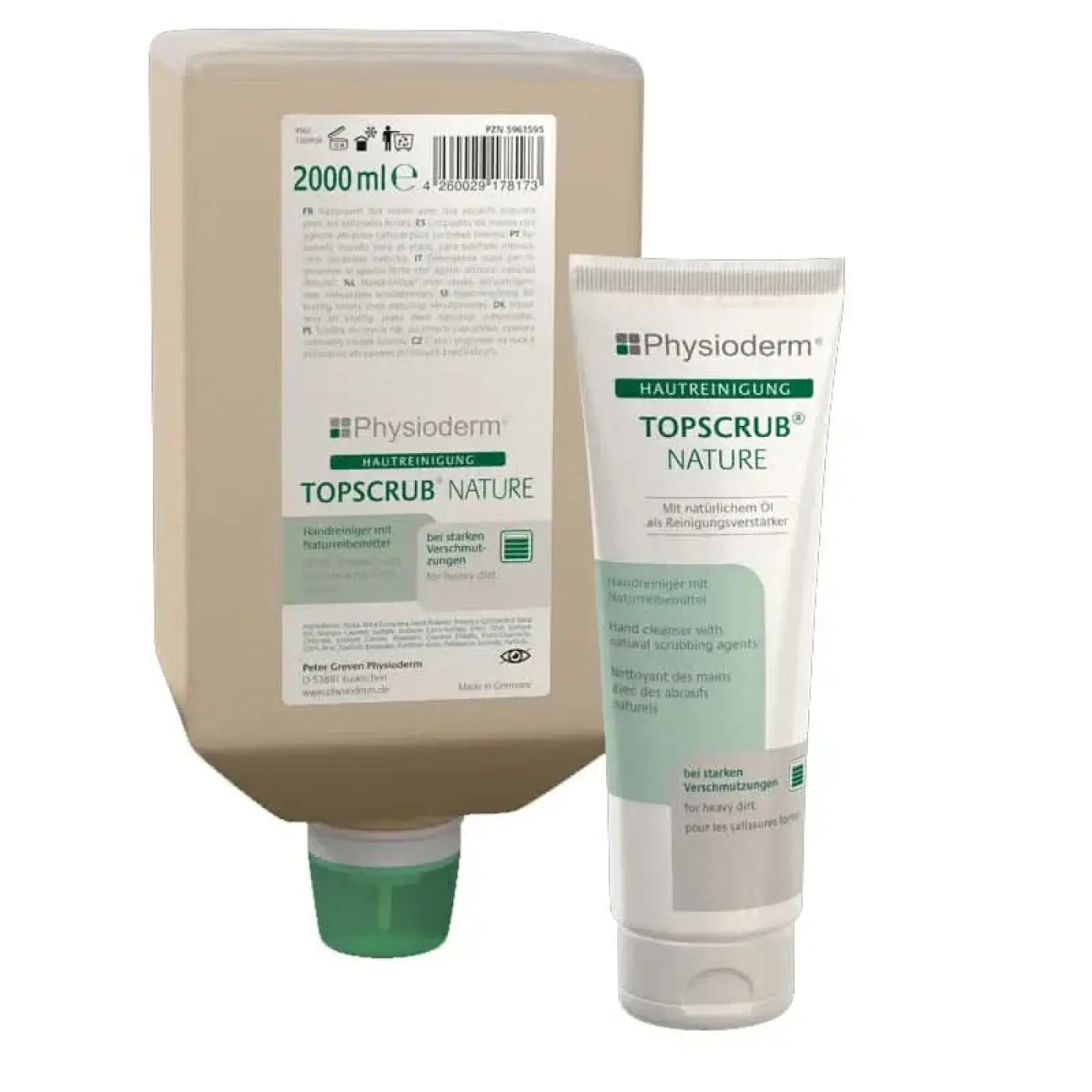 Physioderm topscrub nature handreiniger in beigem kunststoffspender und weißer tube mit grünen akzenten