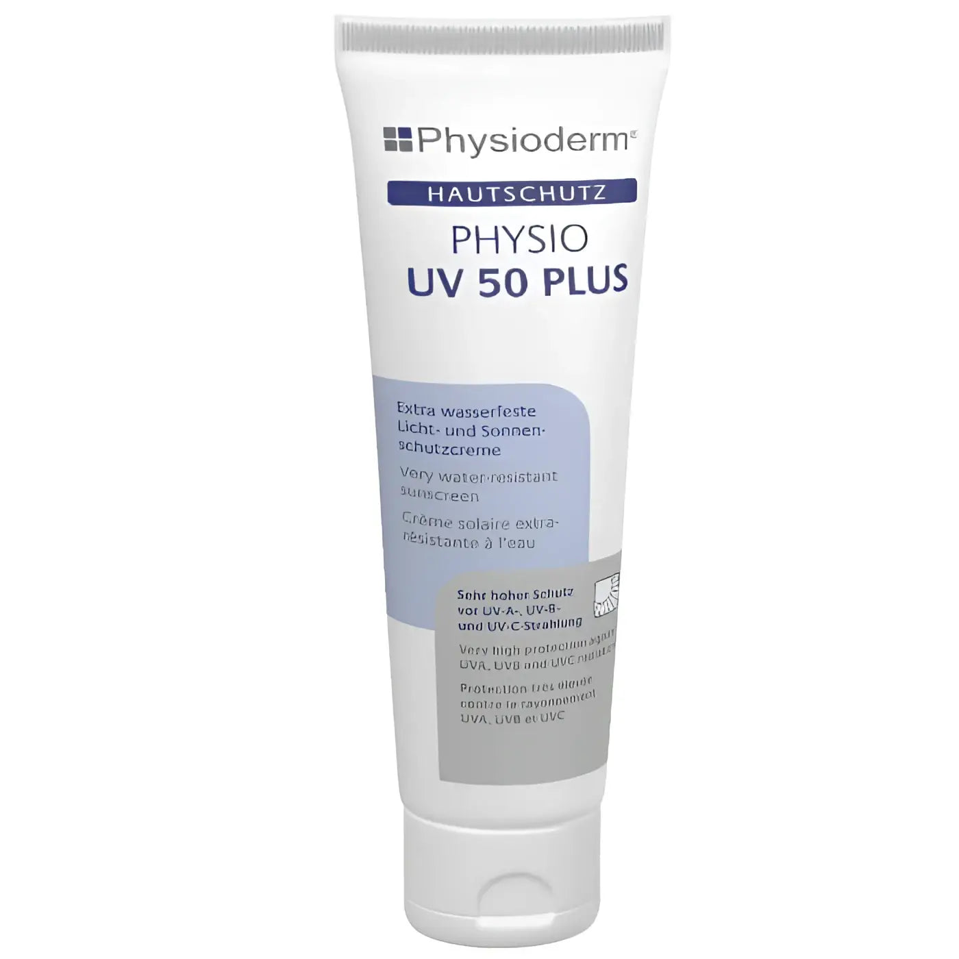 Weiße tube physioderm uv 50 plus sonnenschutzcreme 100ml mit silbernem verschluss und mehrsprachiger beschriftung