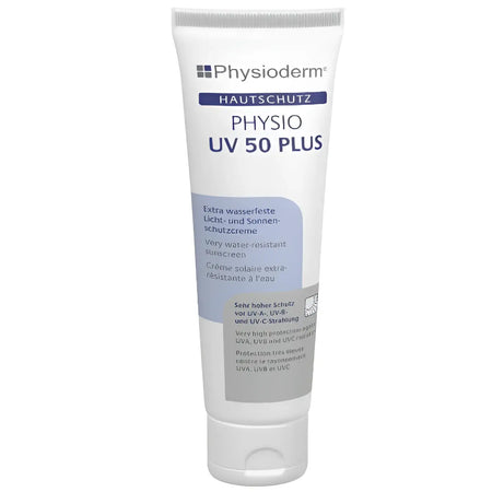 Weiße tube physioderm uv 50 plus sonnenschutzcreme 100ml mit silbernem verschluss und mehrsprachiger beschriftung