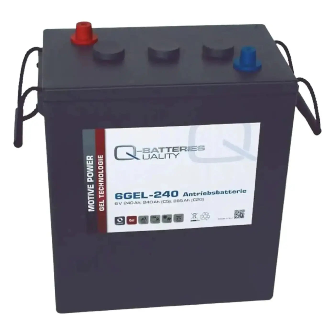 Schwarze q-batterie 6gel-240 wartungsfreie gel-antriebsbatterie mit roten und blauen polkappen