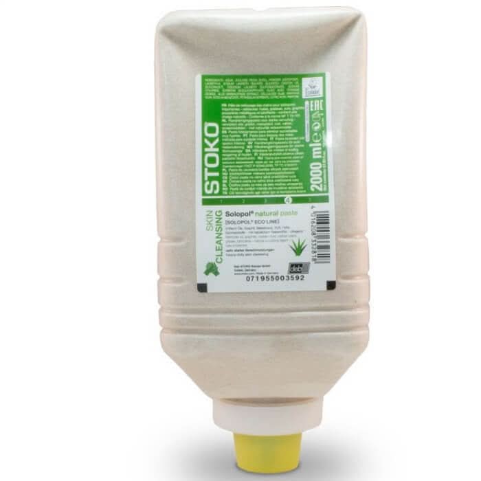 Beige gerippte plastikflasche mit gelbem verschluss und grünem label stoko deb stoko solopol lösemittelfreie handreinigungspaste 2l