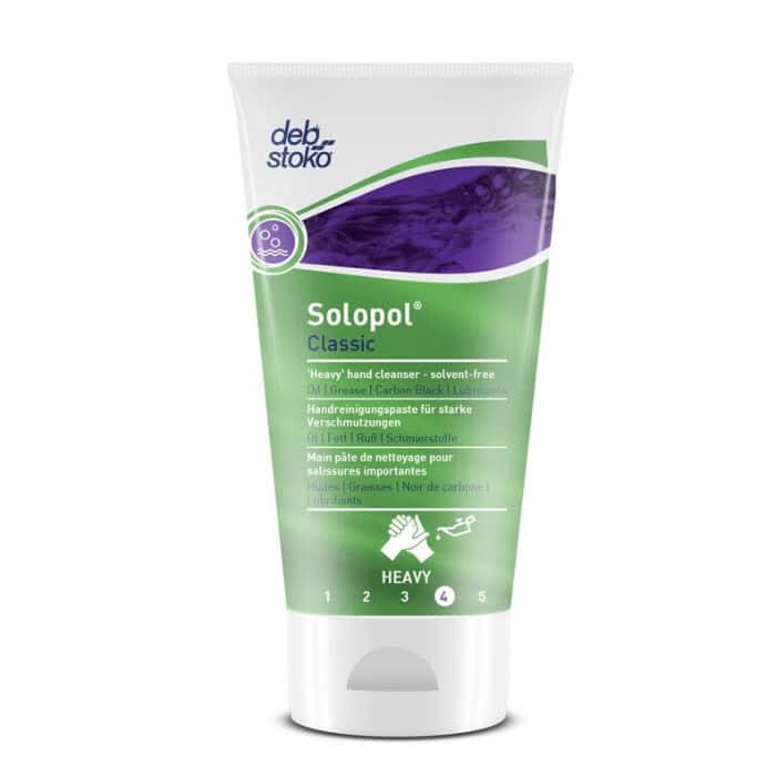 Grüne und weiße tube deb stoko solopol classic lösemittelfreie handreinigungspaste mit lila verlauf auf dem etikett 30ml