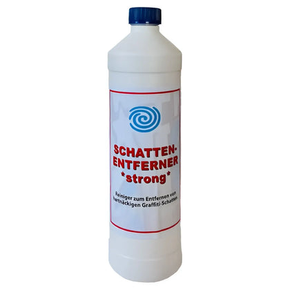 Weiße kunststoffflasche mit blauem deckel und label schatten-entferner strong 1kg zum entfernen von hartnäckigem graffiti