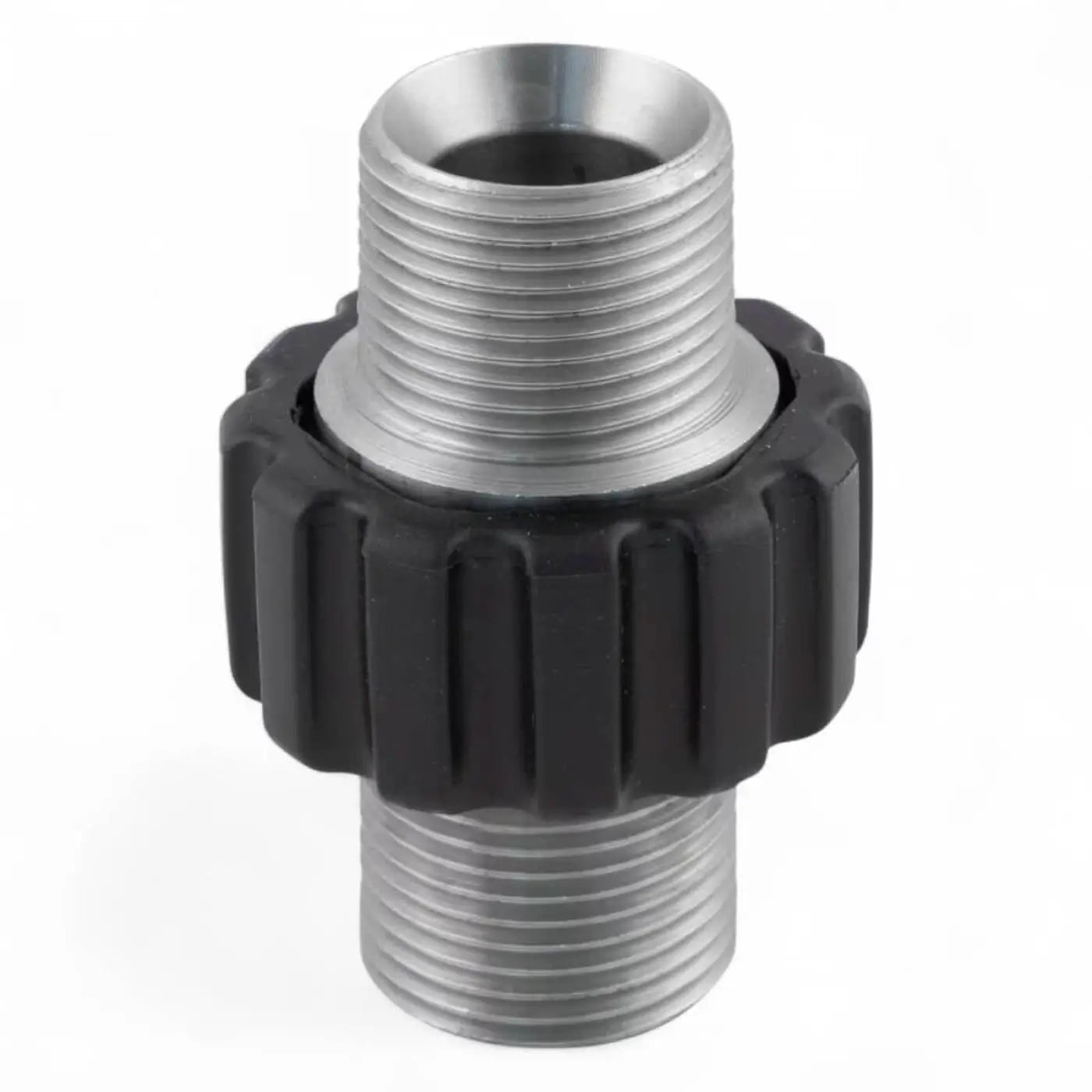 Schlauchverbinder m22 x 1,5 in schwarz und silber mit geripptem schwarzem kunststoffgriff aus metall und kunststoff