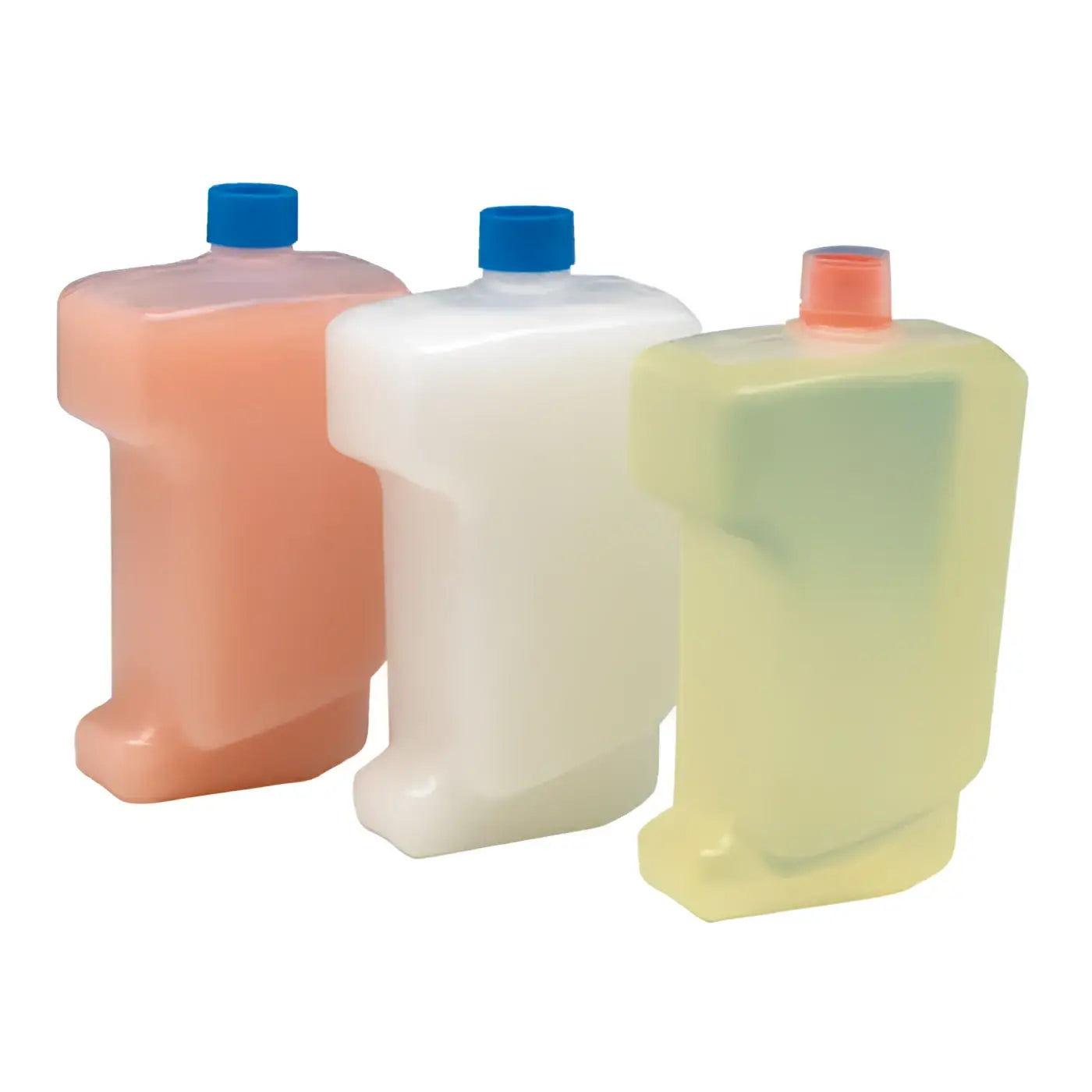 Drei durchscheinende plastikkühlgel-flaschen skintastic lavylan phenia 500ml seifenkartusche mit blauen und orangen verschlüssen