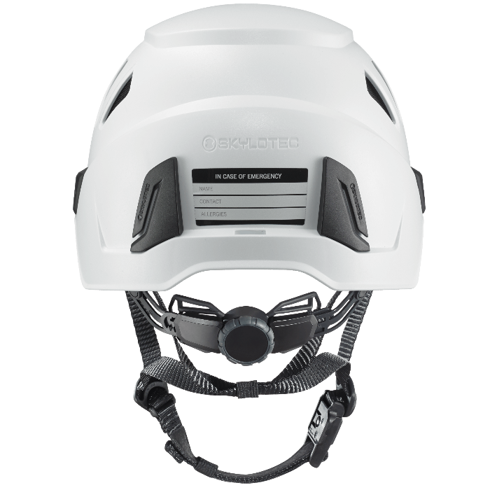 Weißer skylotec inceptor grx schutzhelm mit schwarzen lüftungsschlitzen und verstellbarem kinnriemen