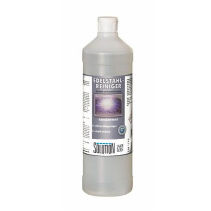 Eine transparente plastikflasche mit weißem deckel und etikett edelstahl-reiniger von solution enthält klare flüssigkeit
