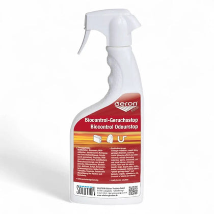 Weiße plastik-sprühflasche mit rotem und orangefarbenem aeron label biocontrol-geruchsstop zur geruchsbeseitigung