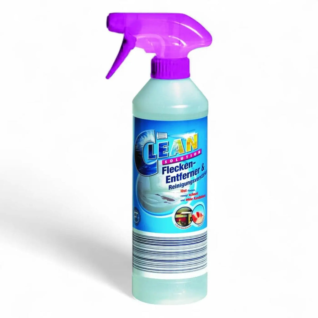 Eine lila sprühflasche mit durchsichtigem hellblauem körper und label mit der marke clean solution in gelben buchstaben