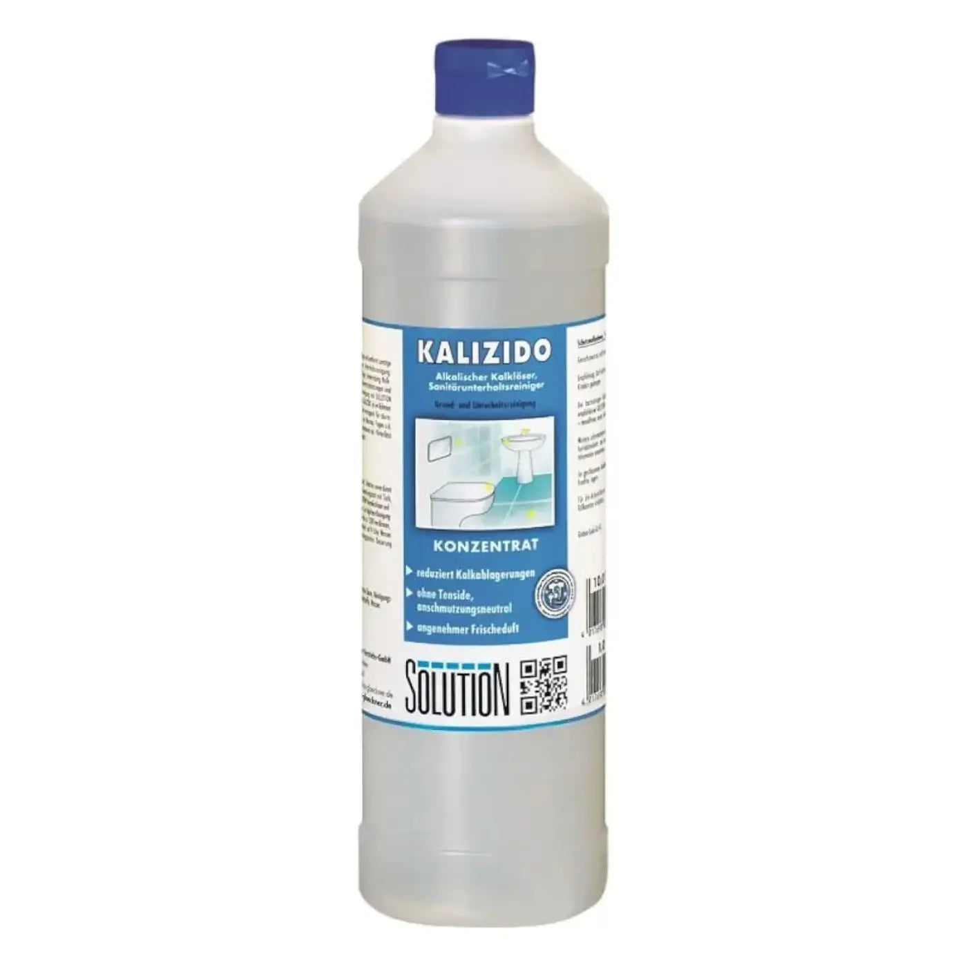 Eine klare kunststoffflasche mit blauem deckel und etikett, kalizido alkalischer sanitärreiniger konzentrat