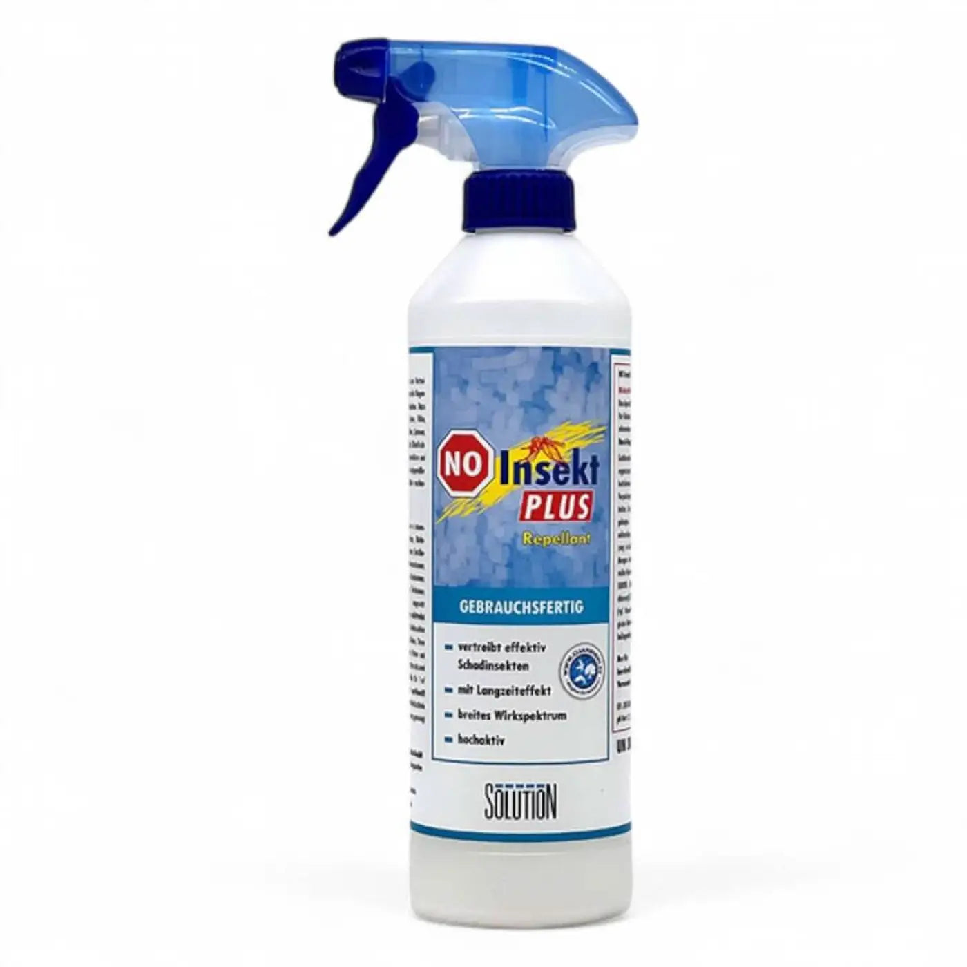 Weiße plastik-sprühflasche mit blauem trigger und deckel, no insekt plus repellent von solution glöckner 500 ml