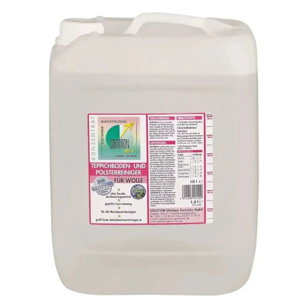 Weißer plastikkanister mit klarer flüssigkeit und pink-grünem etikett solution nt plus wollteppichreiniger glöckner nr 4