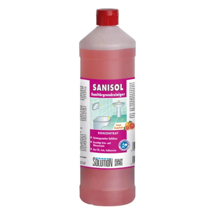 Pink sanisol konzentrierter sanitärgrundreiniger in klarer plastikflasche mit rotem verschluss von glöckner