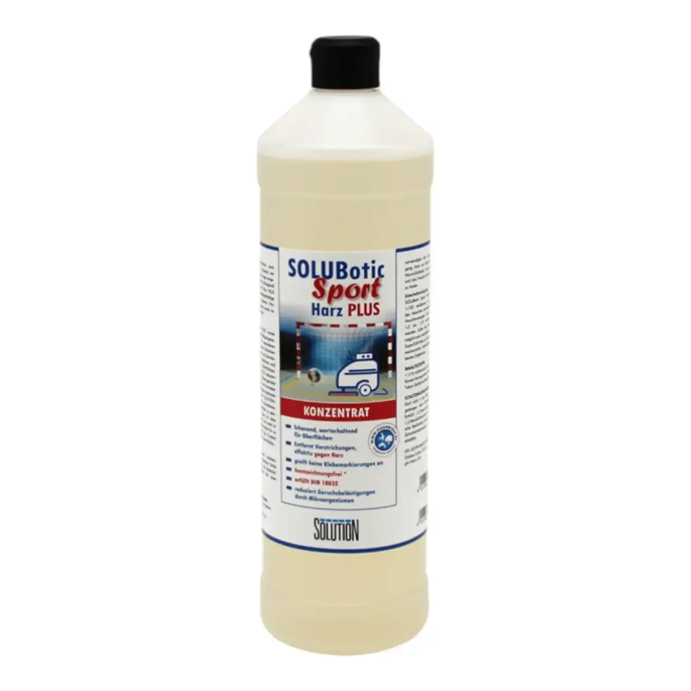 Eine klare plastikflasche mit schwarzem deckel enthält gelbes lösungsmittel sport harz plus konzentratsprodukt