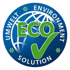 Circular eco-friendly logo with bold green eco text and checkmark over blue globe on solution glöckner solugard textilimprägnierung 500ml