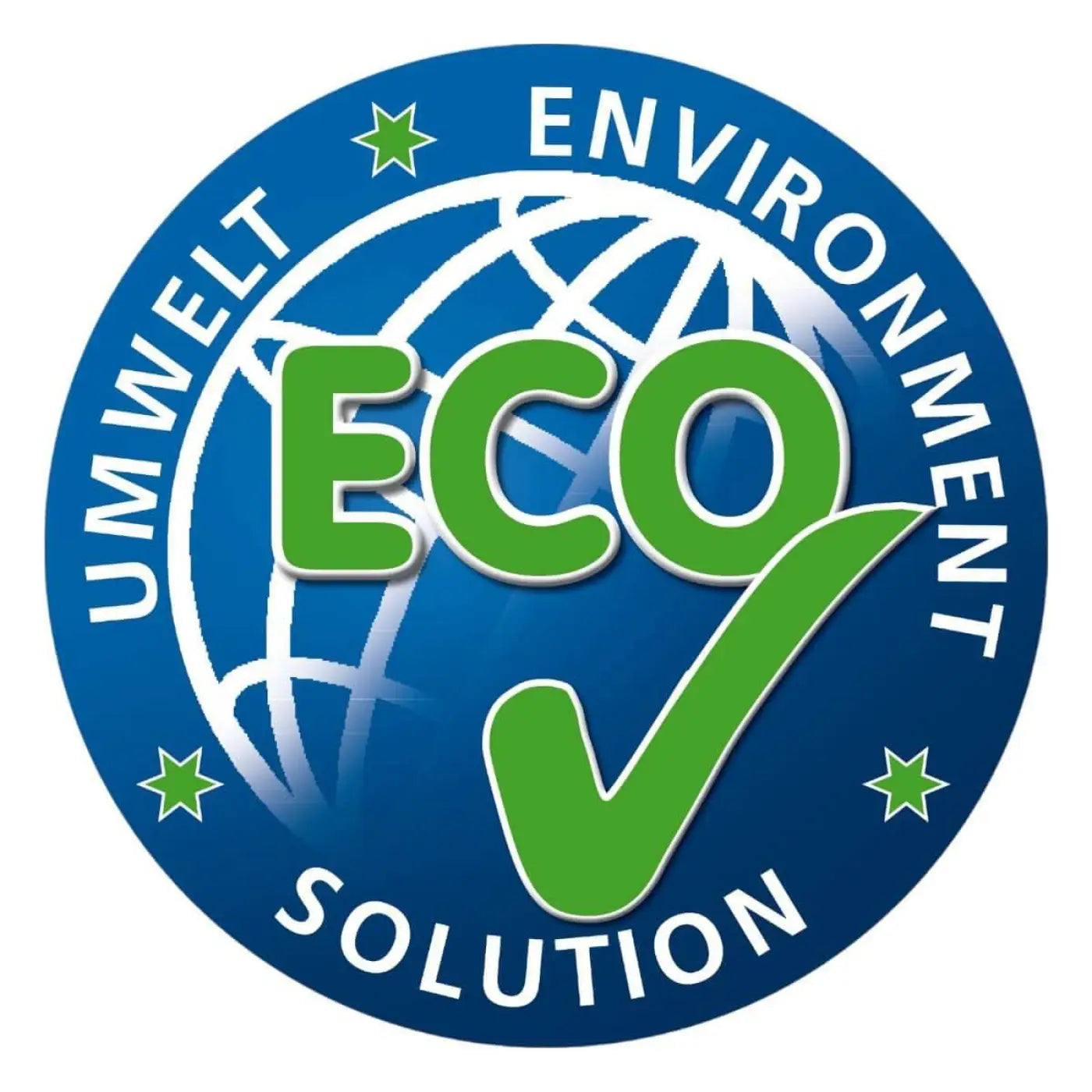 Circular eco-friendly logo with bold green eco text and checkmark over blue globe on solution glöckner solugard textilimprägnierung 500ml