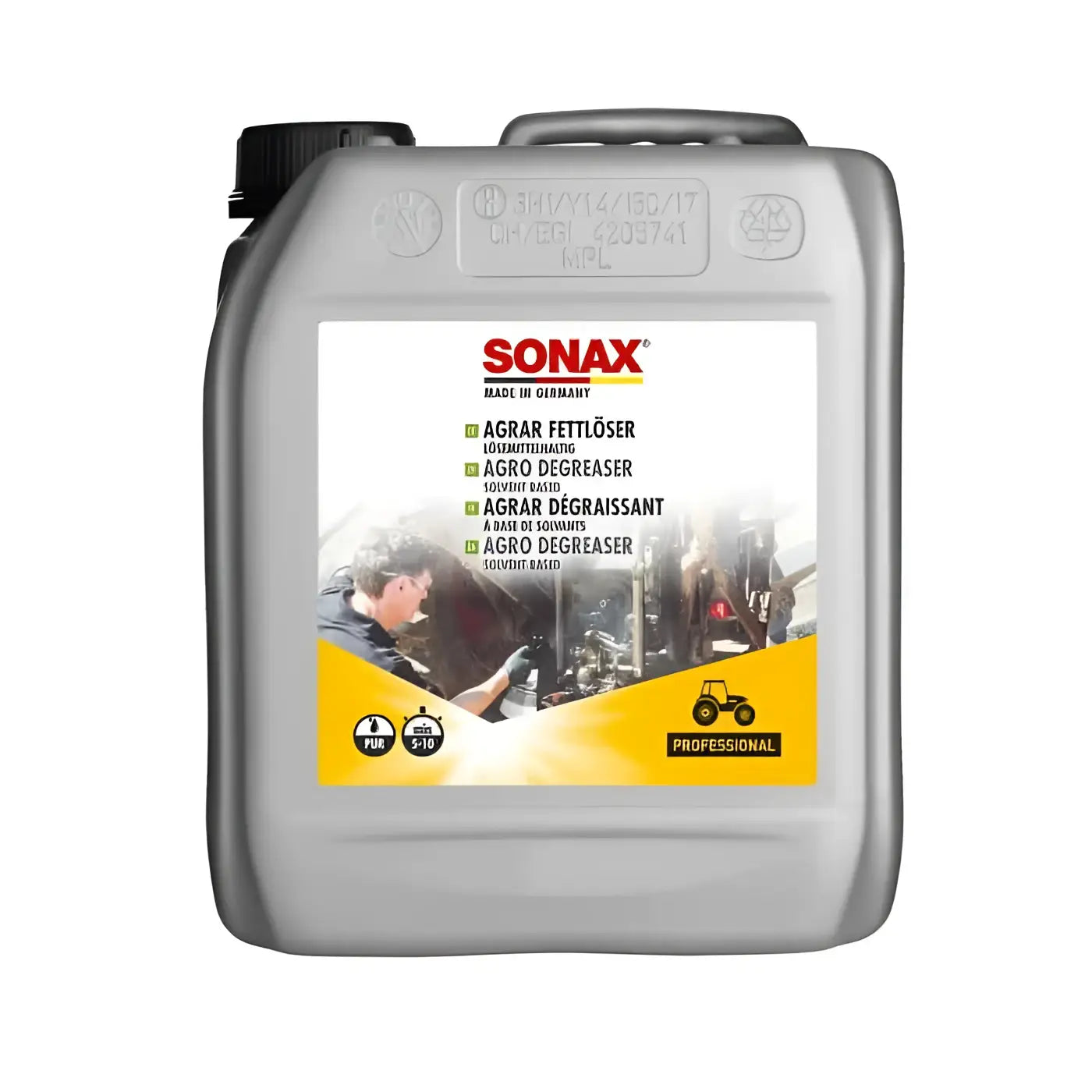 Grauer kunststoffkanister mit schwarzem deckel und weißem etiket mit sonax marke und mehrsprachiger agro fettlöser beschreibung