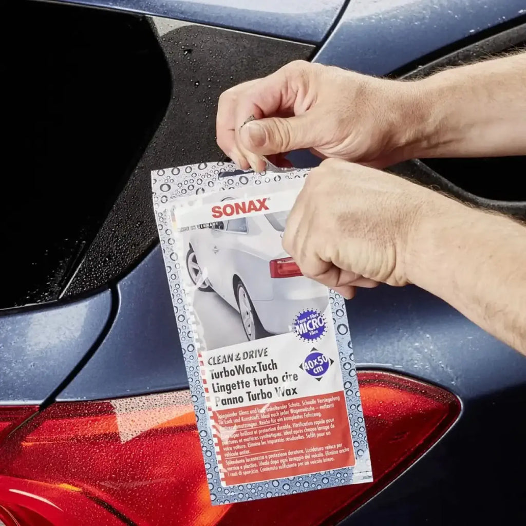 Sonax clean + drive turbowaxtuch weißes mikrofaser-autowachstuch 40x50cm mit blau-rotem branding