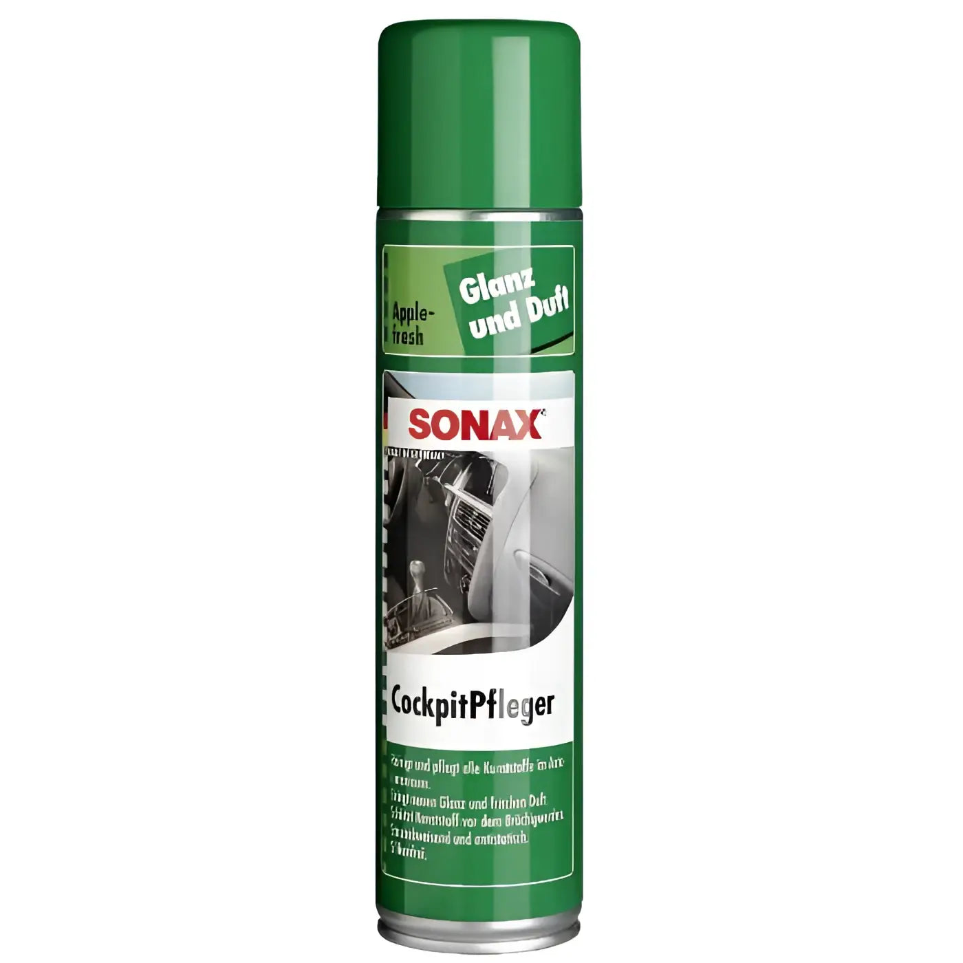 Grüner sonax cockpitpfleger 400ml aerosol mit silberner metallbasis und apfelfrischer duft für autoinnenreinigung