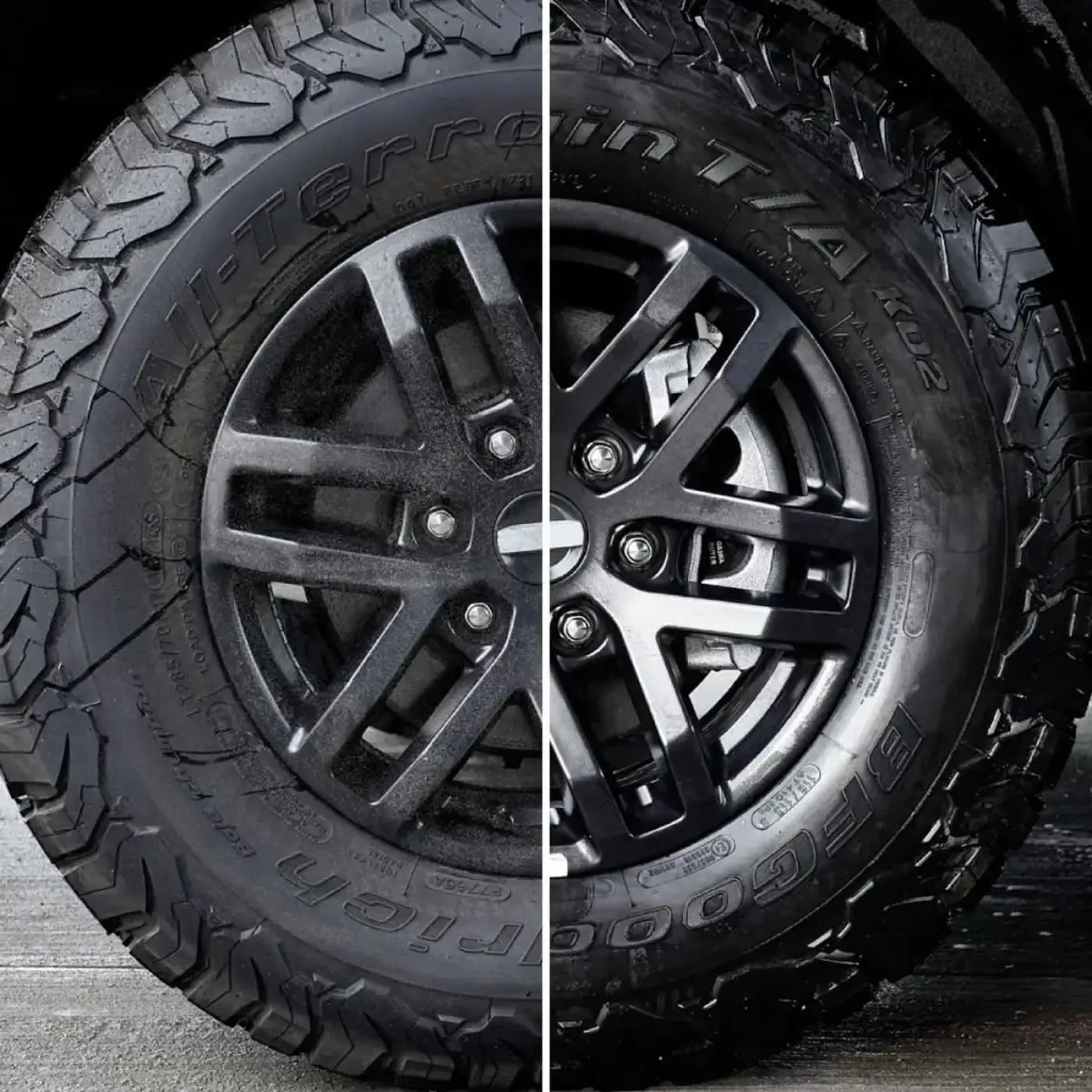 Black bfgoodrich all-terrain t a ko2 reifen auf mattschwarzem legierungsrad im produkt sonax felgenbeast 1l