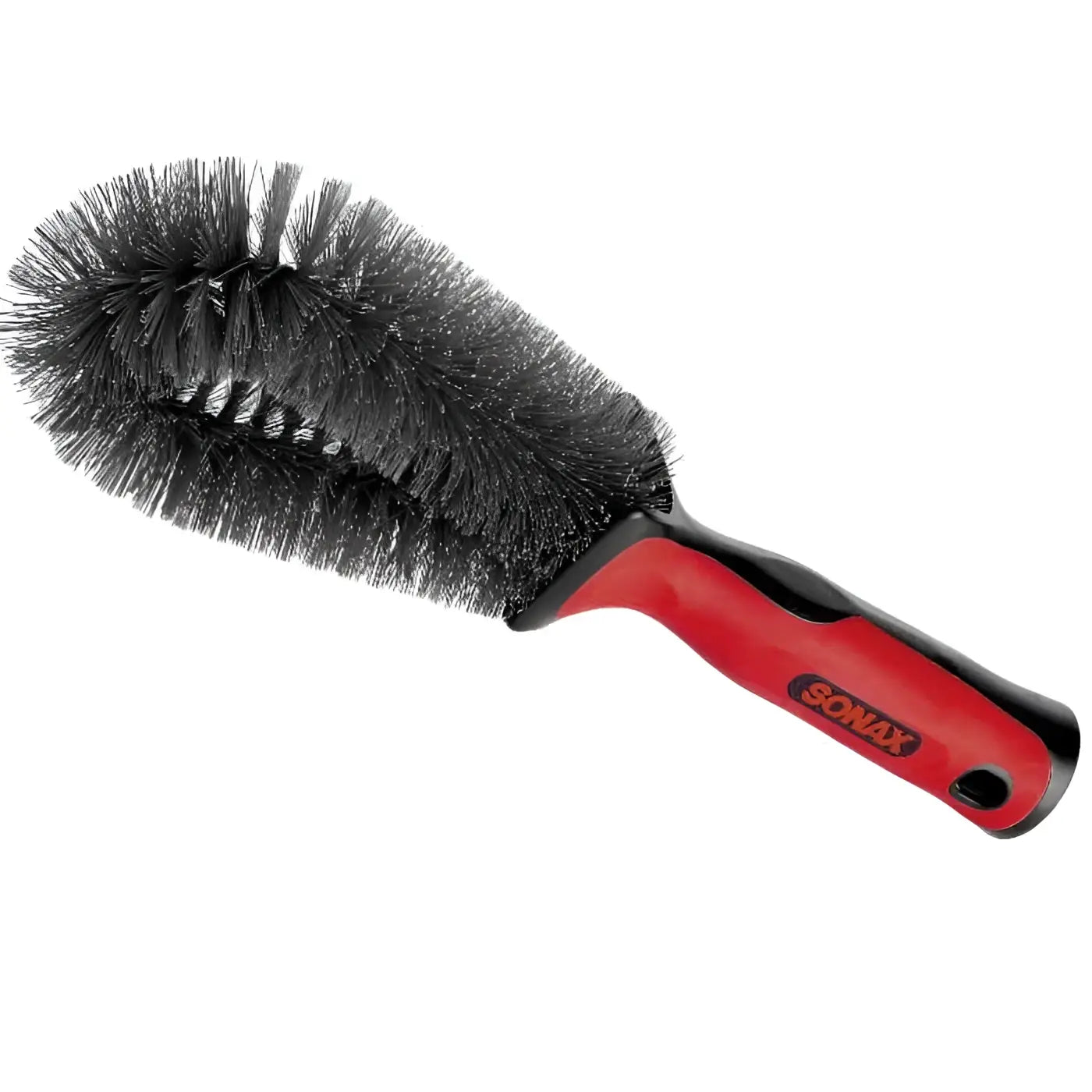 Rote und schwarze sonax felgenbürste mit dichten steifen borsten für stahl- und alufelgenreinigung