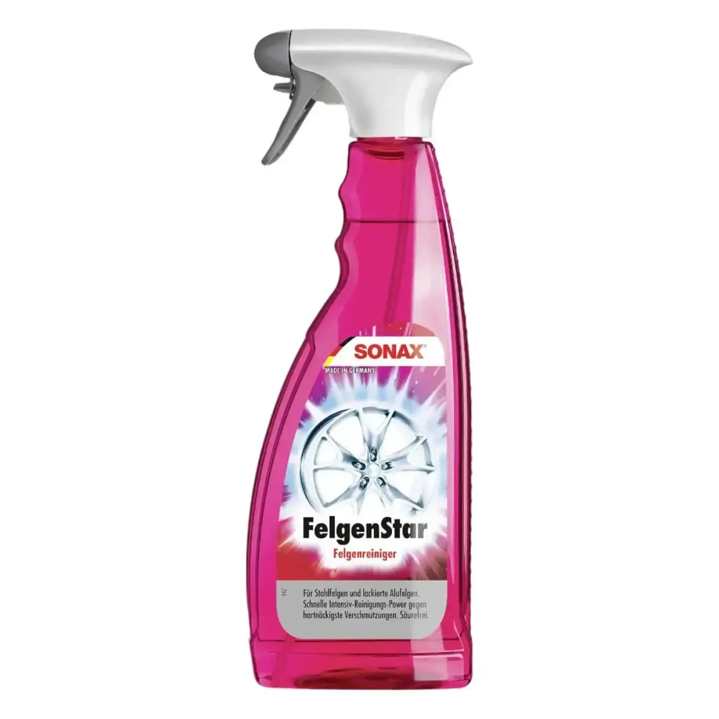 Pink transparente sprühflasche mit weißem und grauem trigger von sonax felgenstar zur radreinigung 750ml