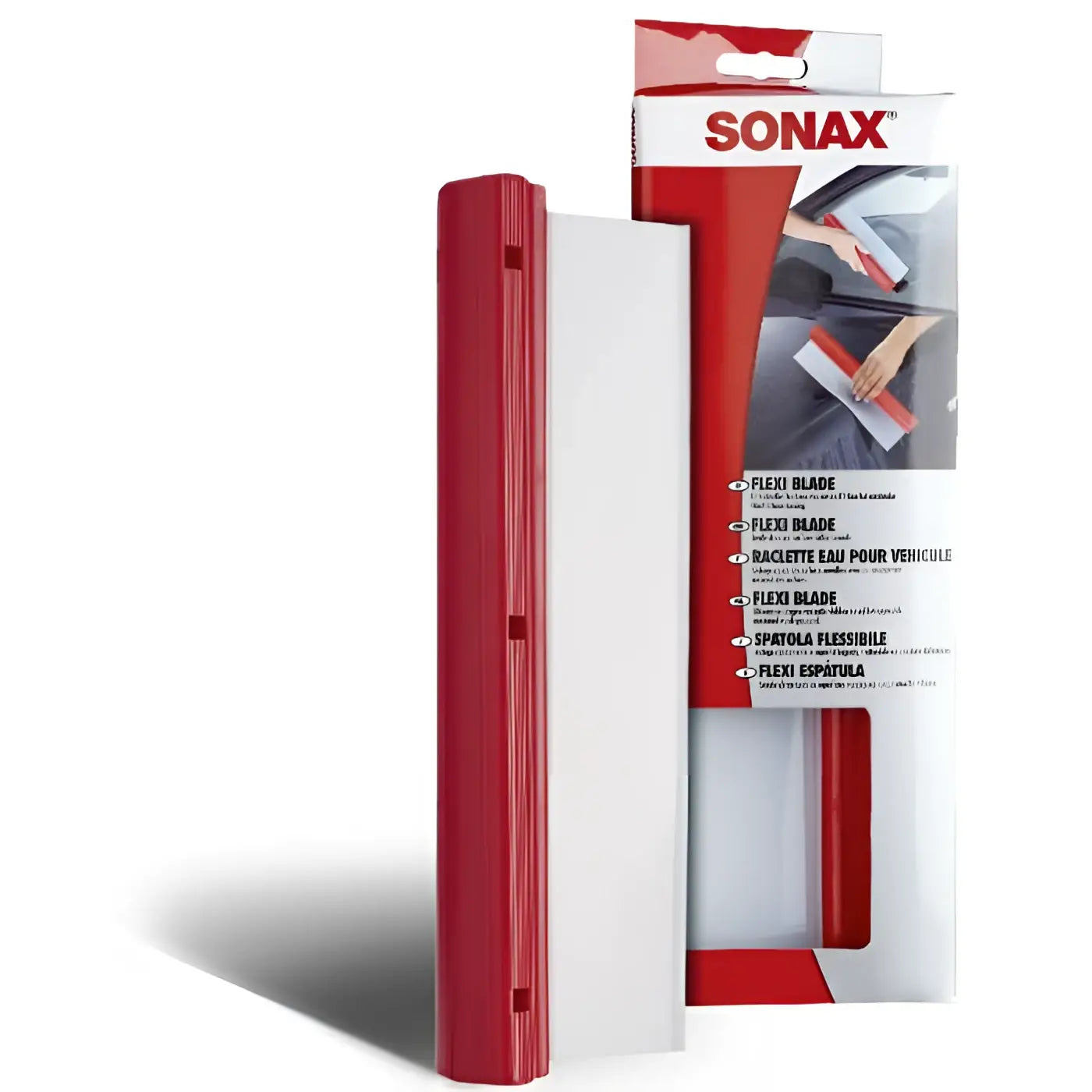 Rote und weiße sonax flexiblade silikonlippe fensterreinigungswerkzeug mit flexiblem, langlebigem design