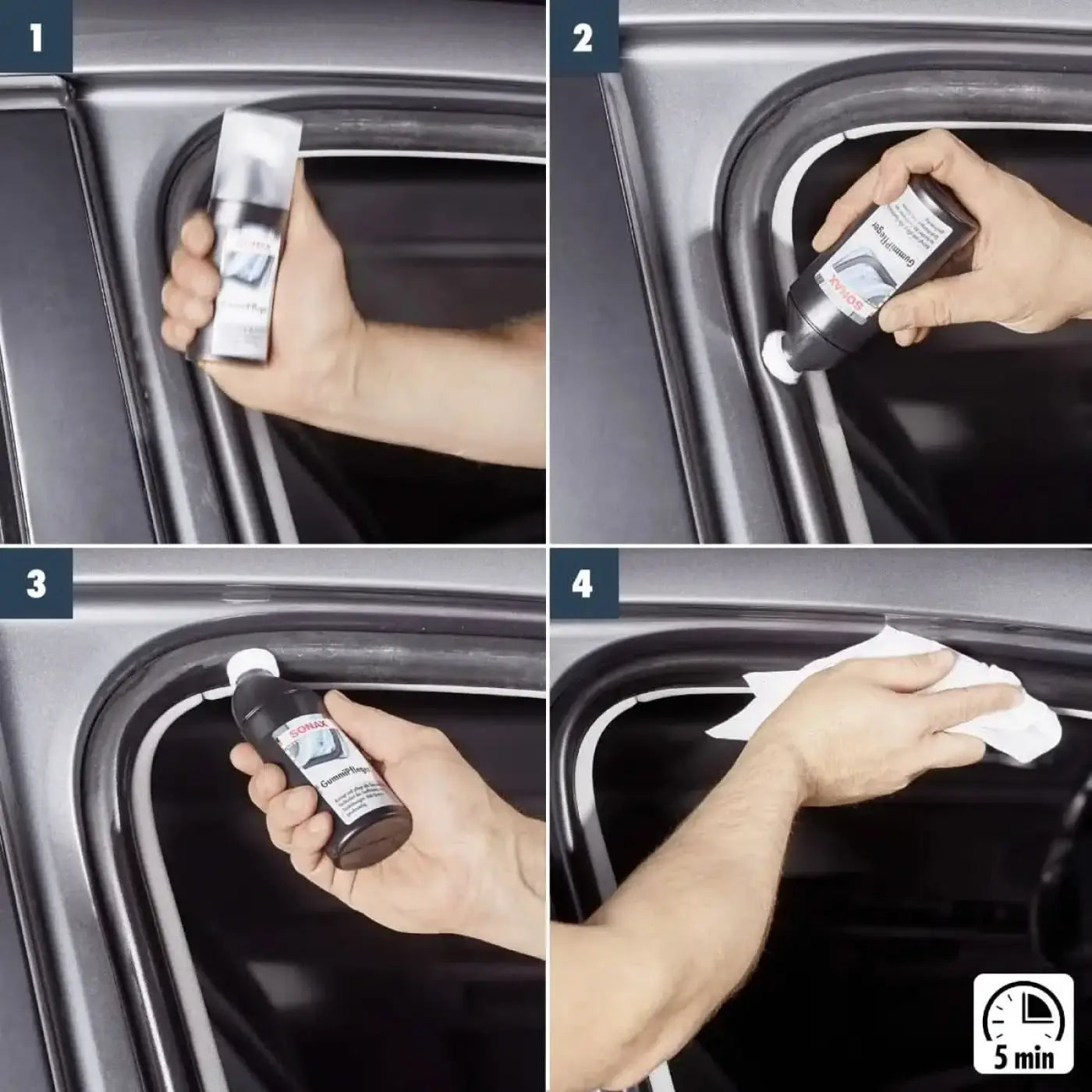 Schwarze sonax gummipfleger flasche mit weißem verschluss und label zur pflege aller gummiteile am auto