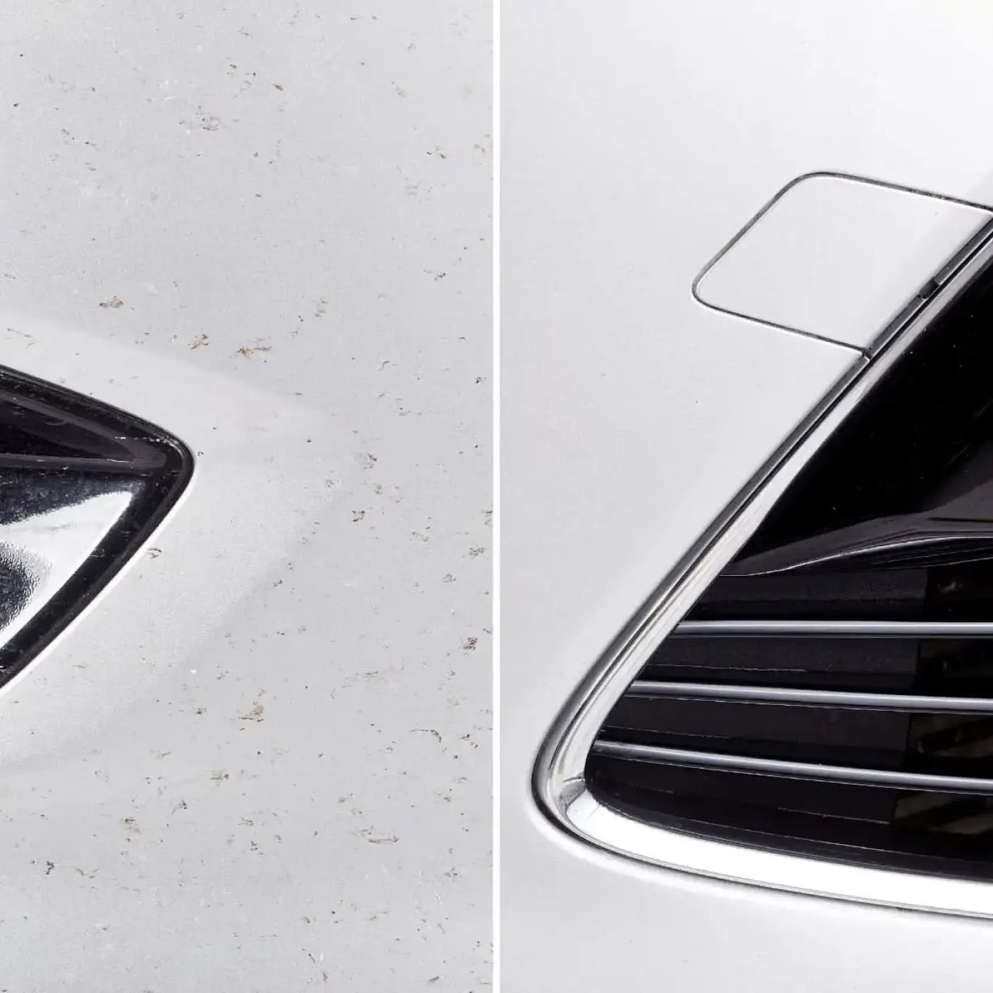 Shiny chrome trim around white car rear window and fuel door shown on back side of sonax insektenentferner 500ml bottle