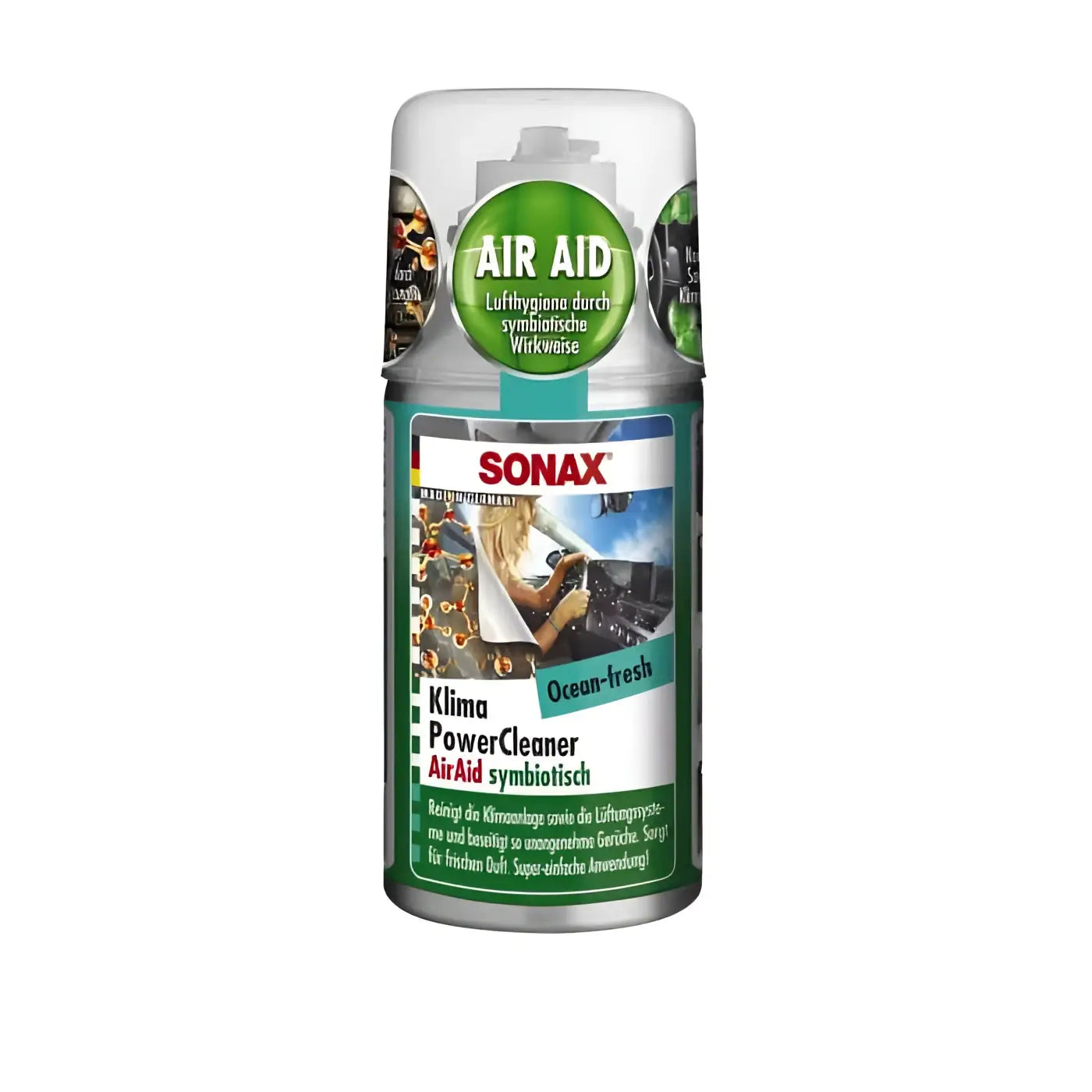 Silberne sonax aerosol dose mit grün-weißem labeling klimareiniger airaid ocean-fresh duft 100ml