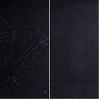 Sonax kratzerentfernerset lack zeigt schwarzen lack mit sichtbaren kratzer und glattem restauriertem bereich