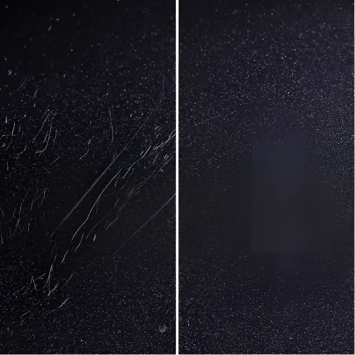 Sonax kratzerentfernerset lack zeigt schwarzen lack mit sichtbaren kratzer und glattem restauriertem bereich