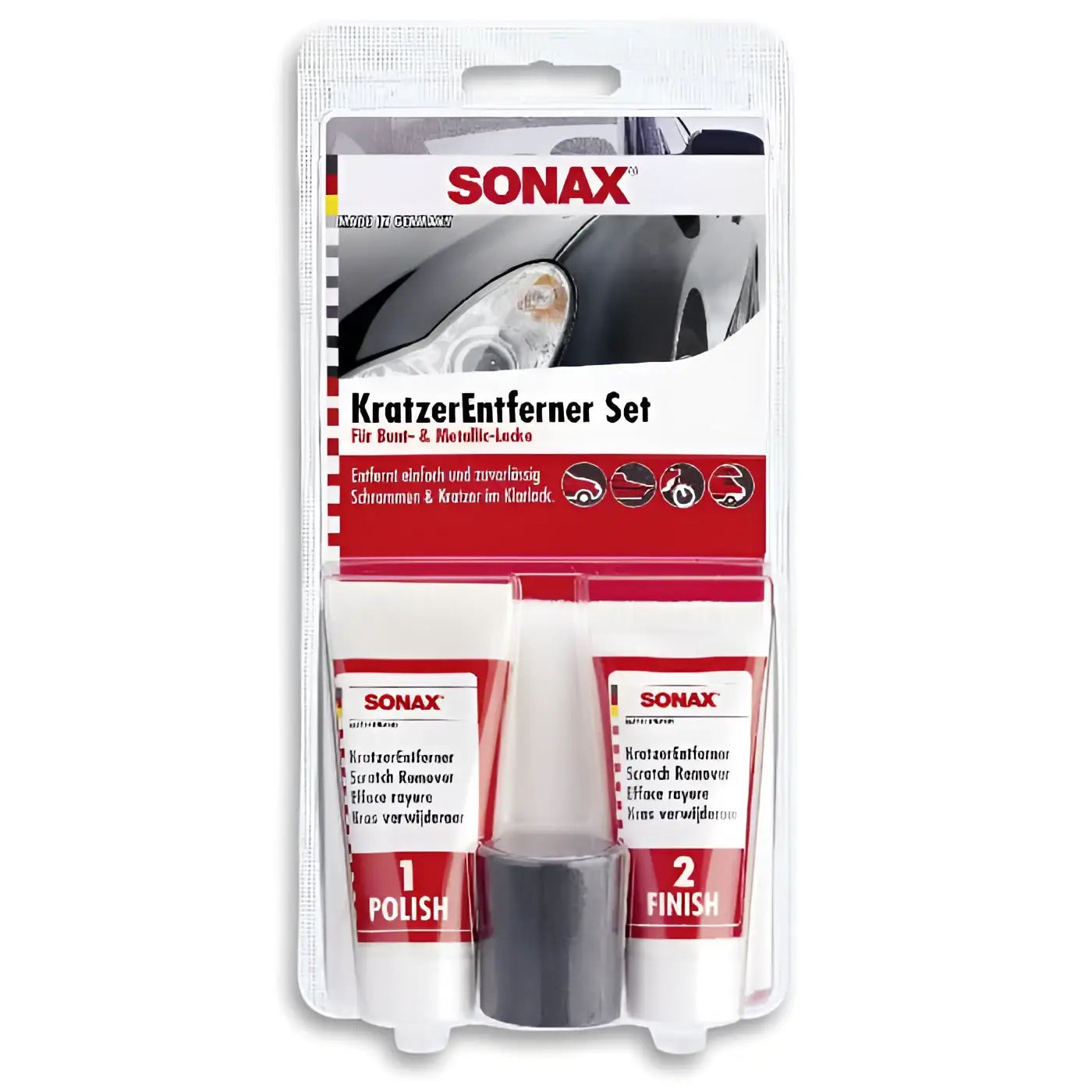 Sonax kratzerentfernerset lack mit zwei weißen tuben 1 polish 2 finish und schwarzem applikator in klarer plastikverpackung