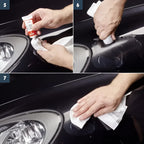 Roter und weißer tubenaufsatz des sonax kratzerentfernersets lack wird auf schwarze motorhaube aufgetragen