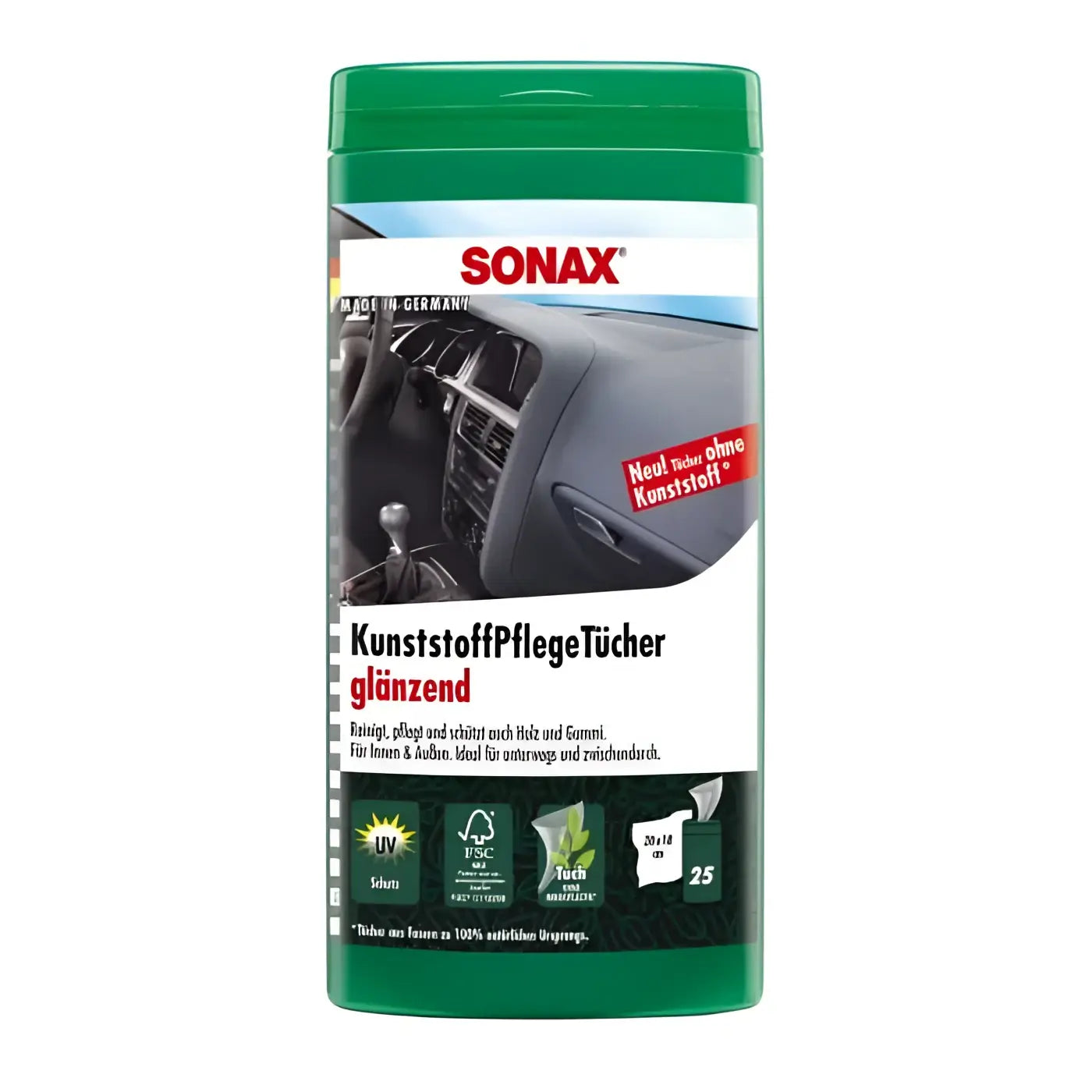 Green cylindrical container of sonax brand car interior cleaning microfiber cloths kunststoffpflege tücher glänzend 25 pack